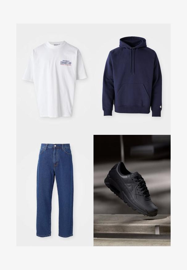 Hoodie à capuche de couleur bleu marine en tissu doux. Il dispose d'une poche kangourou, d'un cordon de serrage à capuche et de poignets côtelés. Agrémenté d'un logo sur la manche.; T-shirt en coton blanc à manches courtes, col rond, avec un logo imprimé en bleu et rouge sur le côté gauche de l'avant.; Jeans en denim taille haute de couleur bleue, avec une coupe droite, des coutures visibles et une fermeture à bouton à l'avant.; Baskets noirs Nike Air Max avec un dessus en cuir texturé, semelle en caoutchouc et un système de laçage proéminent, mettant en avant un design moderne et épuré.