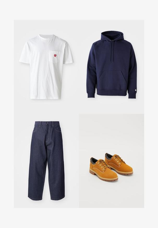Donkerblauwe pullover hoodie van zacht stof. Voorzien van een kangoeroezak, trekkoordcapuchon en ribgebreide manchetten. Geaccentueerd met logo op de mouw.; Witte katoenen T-shirt met een ronde hals en korte mouwen. Bevat een klein rood hartlogo op de linkerkant van de borstzak.; Donkerblauwe denim jeans met een losse, wijde pasvorm. Kenmerken zijn een knoopsluiting, steekzakken aan de voorkant en zichtbare stiksels.; Bruine suède schoenen met een ronde neus, gele veters, een gewatteerde zwarte kraag en rubberen zolen met gripgroeven.