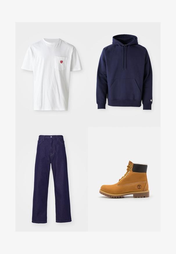 Marineblå pullover hoodie lavet af blødt stof. Har en kængurulomme, snøre i hætten og ribbede manchetter. Udsmykket med logo på ærmet.; Hvid bomulds T-shirt med rund halsudskæring og korte ærmer. Har et lille rødt hjerte-logo på venstre brystlomme.; Mørkeblå denim bukser med vid ben, høj talje, der har forlommer og knaplukning, som viser en glat og robust tekstur.; Brune læder ankelstøvle med metaløjer, hvid pelsforing, sort polstret krave, robust sål og præget logo på siden.
