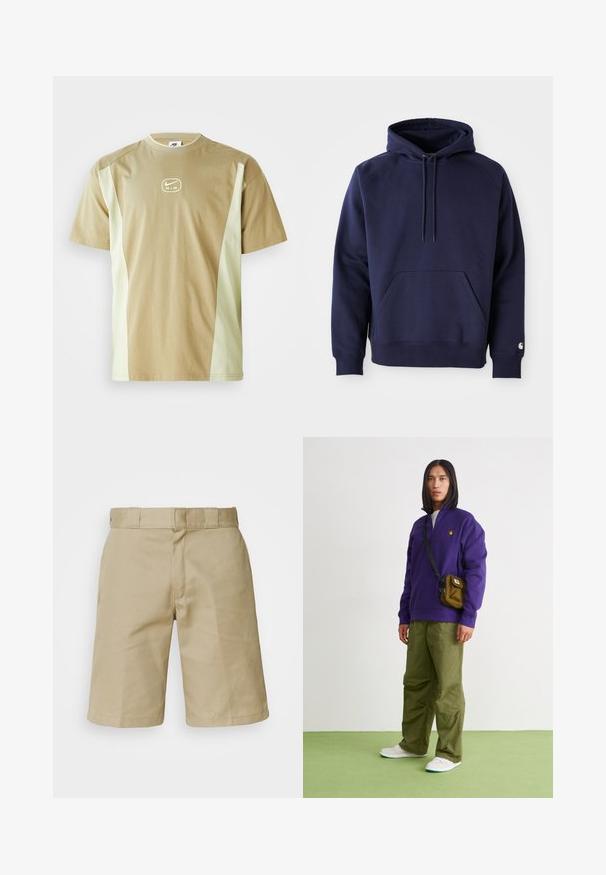 Sudadera con capucha de color azul marino, elaborada en tela suave. Cuenta con un bolsillo tipo canguro, capucha con cordón y puños acanalados. Presenta un logotipo en la manga.; Camiseta de manga corta en beige y verde claro, con un cuello redondo y un logo de Nike Air central. Tejido suave con una textura lisa.; Bermudas caqui con un diseño de frente plano, cinturilla cosida con trabillas para el cinturón y dos bolsillos laterales. Fabricadas con un tejido ligero.; Jordan AIR JORDAN 1 ZM CMFT 2 - Zapatillas altas - summit white/bicoastal/oxidized green