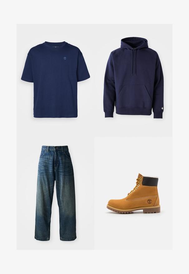 Marineblå pullover hoodie lavet af blødt stof. Har en kængurulomme, snøre i hætten og ribbede manchetter. Udsmykket med logo på ærmet.; Marineblå bomulds T-shirt med rund halsudskæring, korte ærmer og et lille, tonalt logo på brystet. Casual pasform, glat tekstur.; Bredde ben blå denimjeans med en falmet finish. Har fem lommer, knaplukning og kontrasterende syninger. Tyk stof.; Brune læder ankelstøvle med metaløjer, hvid pelsforing, sort polstret krave, robust sål og præget logo på siden.