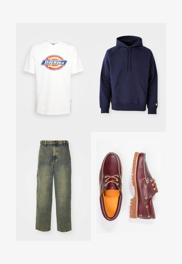 Hoodie à capuche de couleur bleu marine en tissu doux. Il dispose d'une poche kangourou, d'un cordon de serrage à capuche et de poignets côtelés. Agrémenté d'un logo sur la manche.; T-shirt en coton blanc avec un logo circulaire "Dickies" bleu et rouge au centre. Manches courtes et col ras du cou.; Jeans en denim ample avec un délavage bleu et vert. Comprend une fermeture à bouton, des passants de ceinture et des poches latérales. Pas de pli à l'avant et design à jambe droite.; Chaussures en cuir bourgogne avec semelles en caoutchouc marron, bout rond, couture blanche et œillets dorés. L'intérieur présente une doublure jaune.