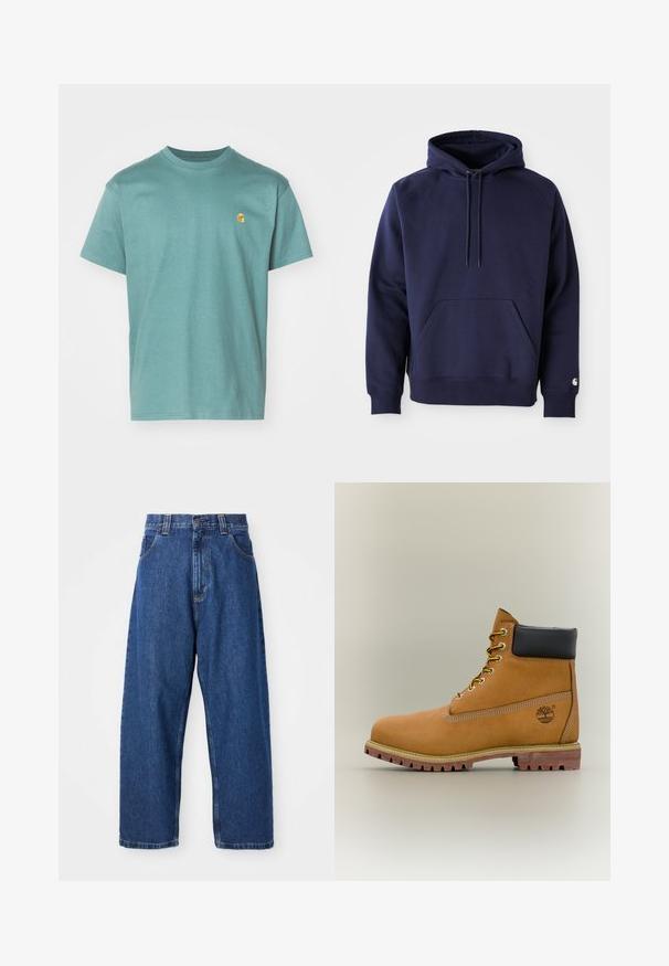 Donkerblauwe pullover hoodie van zacht stof. Voorzien van een kangoeroezak, trekkoordcapuchon en ribgebreide manchetten. Geaccentueerd met logo op de mouw.; Katoenen T-shirt in teal, korte mouwen, ronde halslijn, met een klein geel logo op de linkerborst. Gestructureerde stof met een gladde afwerking.; Denim wijde broek in donkerblauw. Kenmerken zijn een hoge taille, riemlussen en een klassiek vijf-pocket ontwerp. Gestikte zoom met een schone afwerking.; Bruine leren enkellaars met zwarte kraag, gele veters en een zandkleurige zool. Voorzien van een logo en witte stikseldetails. Robuuste loopzool met grip.