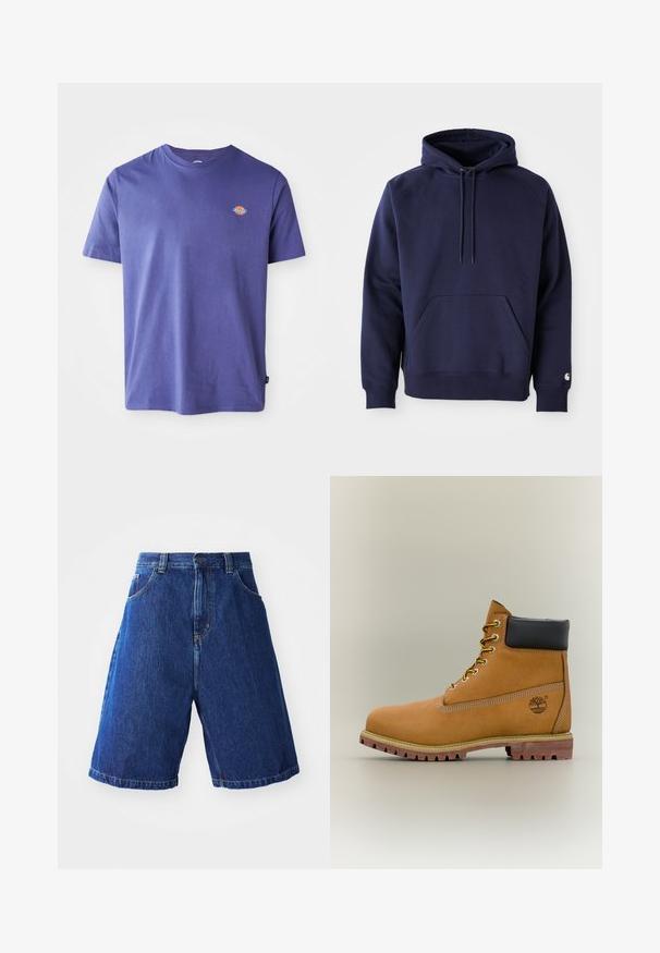 Navyblauer Pullover-Hoodie aus weichem Stoff. Verfügt über eine Kängurutasche, eine Kapuze mit Zugband und gerippte Bündchen. Mit einem Logo auf dem Ärmel akzentuiert.; Lila Baumwoll-T-Shirt mit Rundhalsausschnitt und kurzen Ärmeln. Verfügt über ein kleines Logo auf der Brust. Glatte Textur, lässige Passform.; Jeansshorts mit blauer Waschung, hoher Taille, zwei Fronttaschen und gelben Nähten entlang der Nähte.; Brauner Leder-Stiefelette mit schwarzem Kragen, gelben Schnürsenkeln und hellbrauner Sohle. Verfügt über ein Logo und weiße Ziernähe. Robuste Profilsohle.