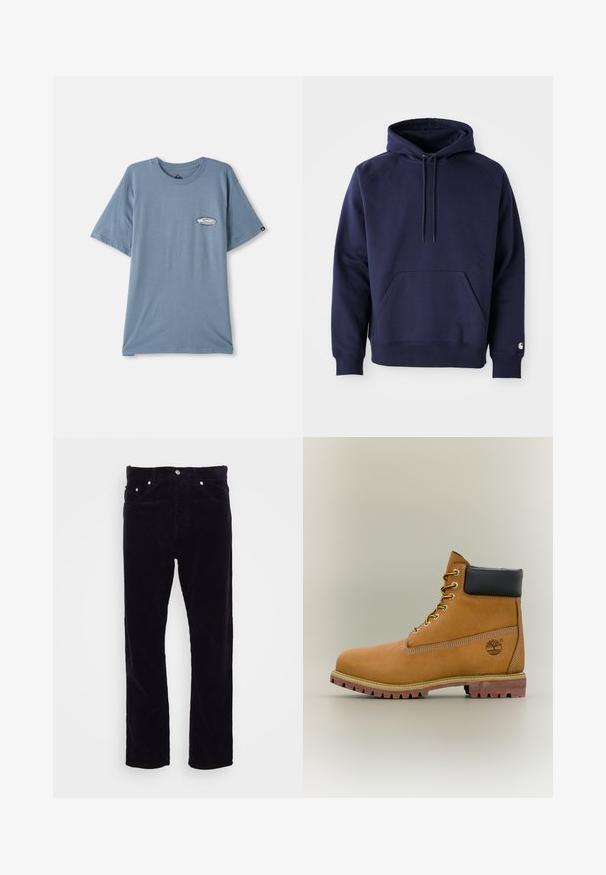 Donkerblauwe pullover hoodie van zacht stof. Voorzien van een kangoeroezak, trekkoordcapuchon en ribgebreide manchetten. Geaccentueerd met logo op de mouw.; Blauwe katoenen t-shirt met korte mouwen, ronde hals, en een kleine logo-opdruk op de linkerborst. Zachte textuur, ontspannen pasvorm.; Carhartt WIP NEWEL PANT - Broek - dark navy; Bruine leren enkellaars met zwarte kraag, gele veters en een zandkleurige zool. Voorzien van een logo en witte stikseldetails. Robuuste loopzool met grip.