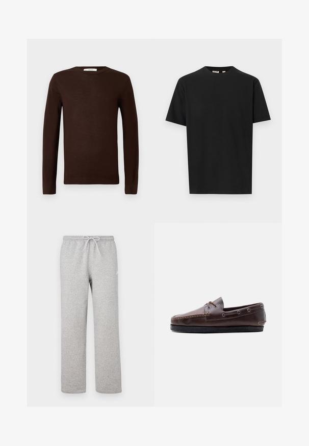 Dunkelbrauner langärmeliger Rundhalsausschnitt-Pullover mit gerippten Bündchen und Saum, auf einem schlichten weißen Hintergrund präsentiert.; Schwarzes T-Shirt mit kurzen Ärmeln und Rundhalsausschnitt, gerader Saum, präsentiert vor einem schlichten hellgrauen Hintergrund.; Graue Jogginghosen mit einem elastischen Bund und Kordelzug. Hergestellt aus weichem Stoff, zeichnen sie sich durch gerade Beine und ein dezentes Logodetail aus.; Brauner Leder-Mokassin mit schwarzer Sohle, Schnürdetails an der Seite und vorne, Seitenansicht vor weißem Hintergrund.