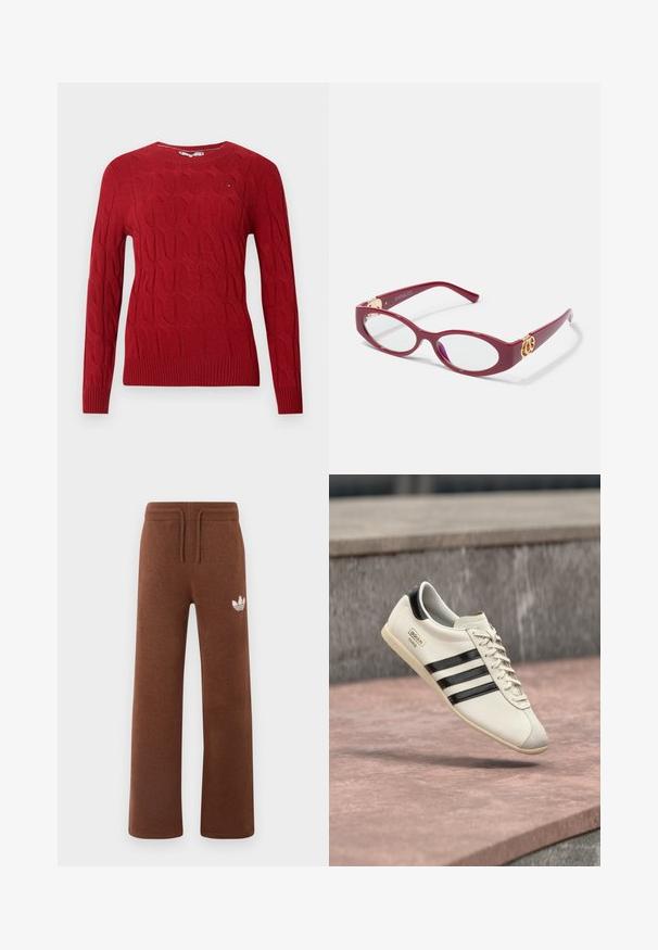 Roter Kabelstrick-Pullover mit langen Ärmeln, Rundhalsausschnitt und gerippten Bündchen und Saum, mit einem kleinen gestickten Logo auf der Brust.; Braune Sweatpants aus weichem Stoff mit lockerem Schnitt, ausgestattet mit einem elastischen Bund, einem Kordelzug und einem weißen Logo am linken Oberschenkel.; Weißer Adidas-Sneaker mit schwarzen Streifen und beige-farbener Sohle, der über einer rosa gefärbten Betonfläche und einem grauen Steinhintergrund schwebt.; Rote Kunststoff-Brille mit ovalem Rahmen und klaren Gläsern. Ausgestattet mit goldenen Hardware-Details an den Bügeln und einem schlanken, modernen Design.