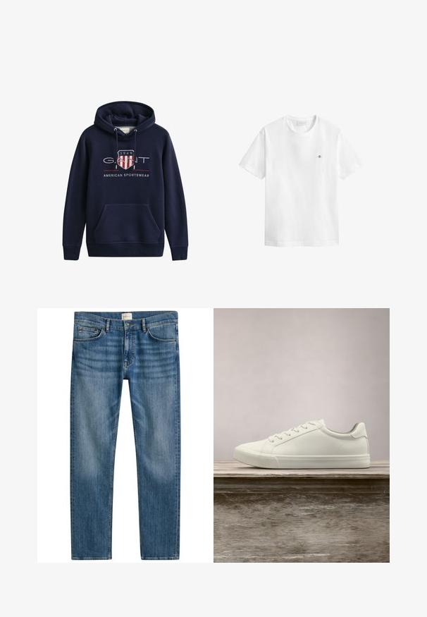 Sweat à capuche bleu marine avec poche avant, cordons et logo "GANT 1949 American Sportswear" sur la poitrine.; T-shirt blanc à manches courtes avec col rond, petit logo bouclier brodé sur la poitrine gauche et étiquette GANT à l'intérieur du col.; Jeans en denim bleu à coupe droite, featuring cinq poches, une fermeture à bouton et un léger dégradé sur le tissu pour ajouter de la texture.; Sneaker en dentelle blanche flottant au-dessus d'un banc en bois avec un feuillage vert en arrière-plan, mettant en valeur le design et la texture de la chaussure.