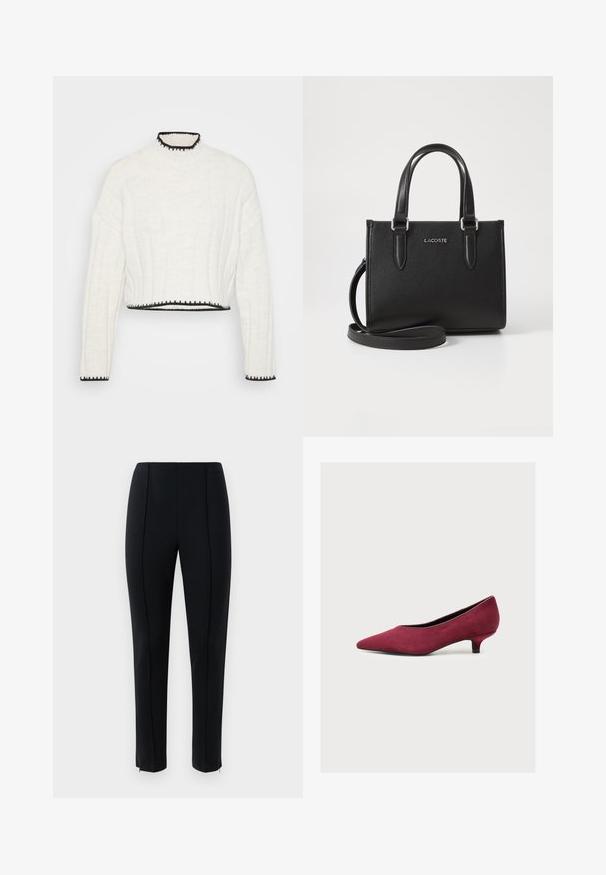 Pull court en tricot blanc cassé avec texture côtelée. Il présente un col montant et des bordures noires le long de l'encolure et de l'ourlet.; Pantalons slim-fit noirs avec des plis sur le devant, taille haute et zips aux chevilles sur un fond blanc uni.; Escarpin bordeaux en daim à bout pointu, talon kitten bas et semelle noire, présenté de profil sur fond blanc.; Sac à main en cuir noir texturé avec des poignées courtes et une bandoulière amovible. Doté d'un logo "LACOSTE" en argent à l'avant.