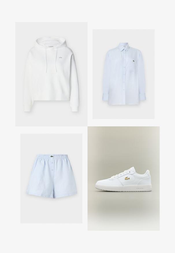 Sweat à capuche blanc à manches longues, avec poche kangourou avant, cordons de serrage et petit logo crocodile Lacoste brodé sur la poitrine.; Chemise bleu clair à manches longues avec boutons, poche poitrine et petit logo crocodile vert sur la poche.; Boxer homme bleu clair avec ceinture élastique, fermeture avant à boutons et petit logo crocodile vert au centre.; Baskets en cuir blanc avec un design basse, bout arrondi, fermeture à lacets et un accent du logo doré Lacoste sur le côté.