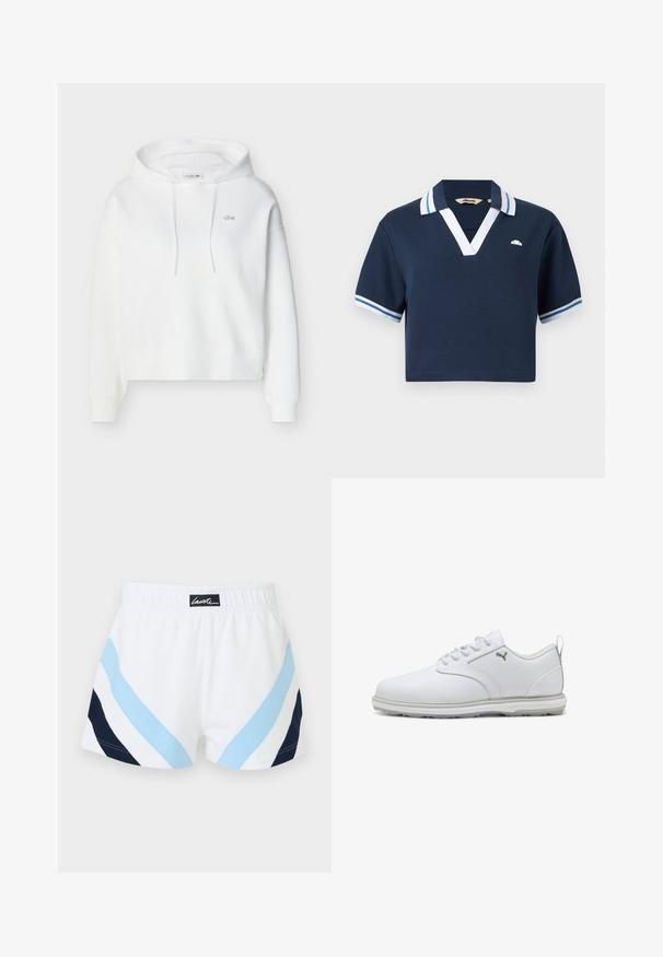 Valge kapuutsiga pusaga, millel on pikad varrukad, esiküljel kängurutasku, nöörid ja väike tikitud Lacoste krokodilli logo rinnal.; Meresinine lühikeste varrukatega polosärk valge ja helesinise triibulise krae ja varrukaservadega, sügav V-kaelus ja väike logo vasakul rinnal.; Valged spordipüksid elastse vöökohaga, millel on helesinised ja mereväesinised diagonaaltriibud ning must Lacoste'i logomärk tagakülje keskel.; Valged spordijalatsid siledast sünteetilisest nahast pealsega, tekstureeritud aktsentidega, pehmendatud krae ja kummist sisetallaga, mis tagab hea haarde. Hõbedane logo detail.