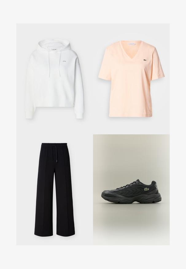 Hvid hættetrøje med lange ærmer, front-kængurulomme, snoretræk og lille broderet Lacoste-krokodillelogo på brystet.; Lyse ferskenfarvet v-hals t-shirt i bomuld med korte ærmer, med en lille grøn Lacoste-logo på venstre brystområde.; Sorte bukser med brede ben lavet af blødt stof, med elastisk talje med snøre og sidesømme for en afslappet pasform.; Sort træningssko med en struktureret overdel, bølget design og polstret krave. Har en gummisål og et lille grønt logo på siden.