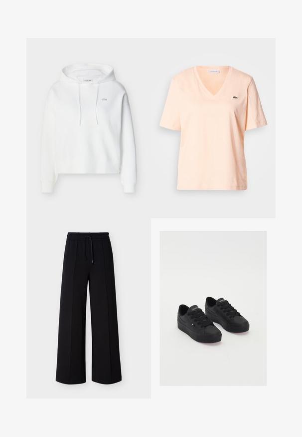 Sudadera blanca con capucha, mangas largas, bolsillo frontal tipo canguro, cordones ajustables y pequeño logo de cocodrilo bordado de Lacoste en el pecho.; Camiseta de algodón color durazno claro con escote en V y mangas cortas, con un pequeño logo verde de Lacoste en el área del pecho izquierdo.; Pantalones negros de pierna ancha hechos de tela suave, con una cintura elástica con cordón y costuras laterales para un ajuste relajado.; Zapatillas bajas negras de material suave, con cordones gruesos, una suela texturizada y un pequeño logo en el lateral y la lengüeta.