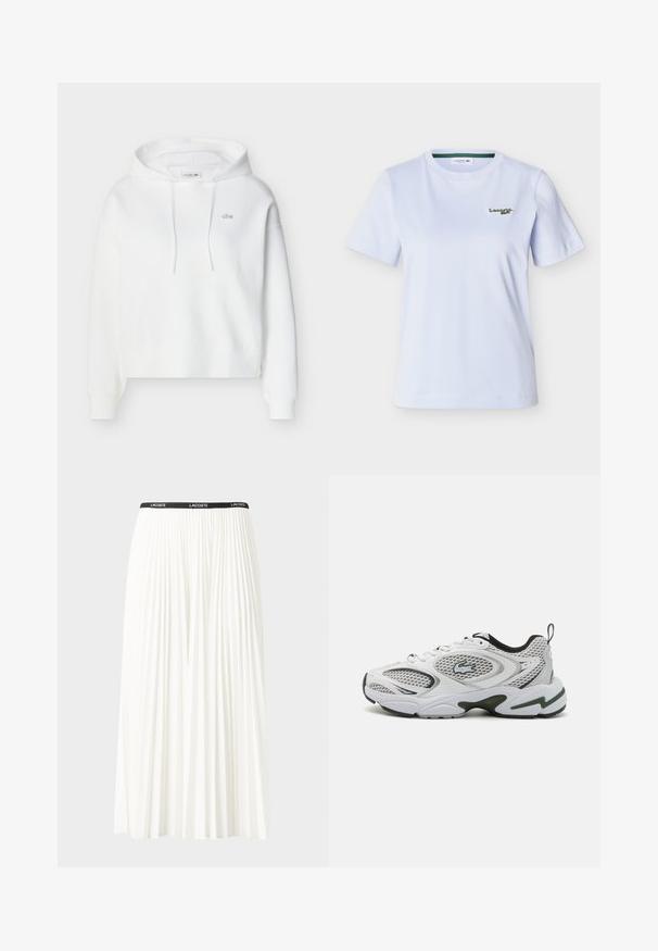 Weißer Kapuzenpullover mit langen Ärmeln, Kängurutasche vorne, Kordeln und kleinem, gesticktem Lacoste-Krokodil-Logo auf der Brust.; Weißes, kurzärmeliges T-Shirt mit Rundhalsausschnitt und kleinem, grünem Lacoste-Logo, das auf der linken Brust stickiert ist.; Faltenrock aus Weiß mit einem schwarzen elastischen Bund, der das "LACOSTE"-Logo trägt. Mittellanges Design mit weicher Textur.; Weiße Sportschuhe mit Netzpanelen, schwarzen Akzenten und einer strukturierten Sohle. Sie bieten ein schlankes Design und ein auffälliges Logo an der Seite.