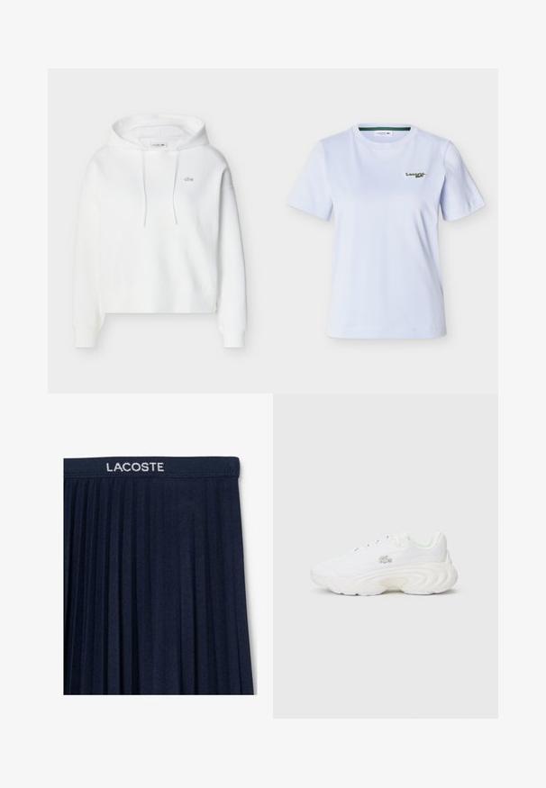 Sweat à capuche blanc à manches longues, avec poche kangourou avant, cordons de serrage et petit logo crocodile Lacoste brodé sur la poitrine.; T-shirt blanc à manches courtes et col rond avec petit logo Lacoste vert brodé sur la poitrine gauche.; Jupe plissée navy avec une taille élastique portant le logo "LACOSTE" en blanc. Tissu doux avec des plis verticaux pour un meilleur mouvement.; Baskets blanches avec une tige texturée, un design de semelle prononcé, un système de laçage et un petit détail de logo. Construction lisse et légère.