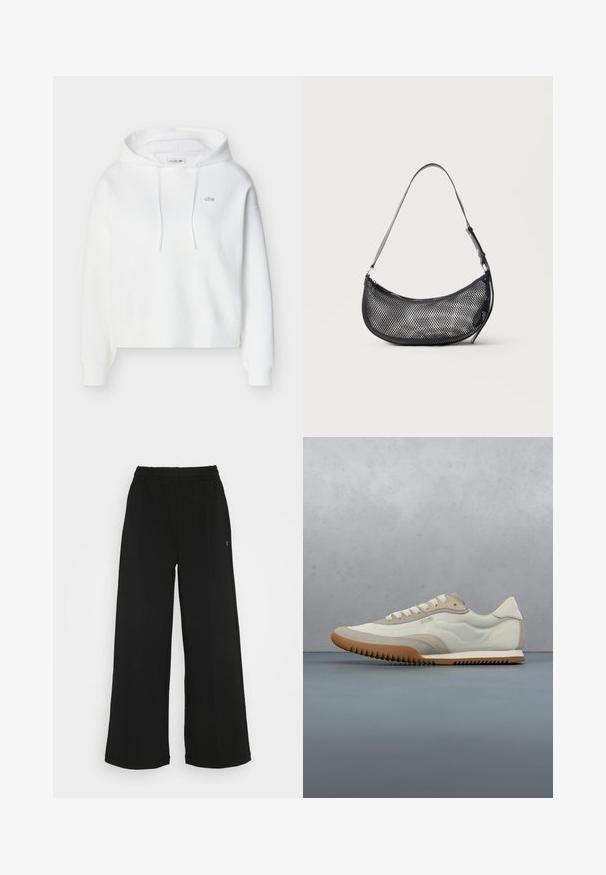 Sweat à capuche blanc à manches longues, avec poche kangourou avant, cordons de serrage et petit logo crocodile Lacoste brodé sur la poitrine.; Pantalons larges noirs avec une taille élastique. Fabriqués à partir d'un matériau doux et léger. Présentent des coutures verticales à l'avant.; Sneakers blancs et beiges avec une tige lisse et des accents en daim, une semelle texturée et des coutures ton sur ton. Fermeture à lacets avec détail de logo.; Petit sac d'épaule noir en mesh en forme de croissant avec une lanière fine réglable, sur un fond clair uni.