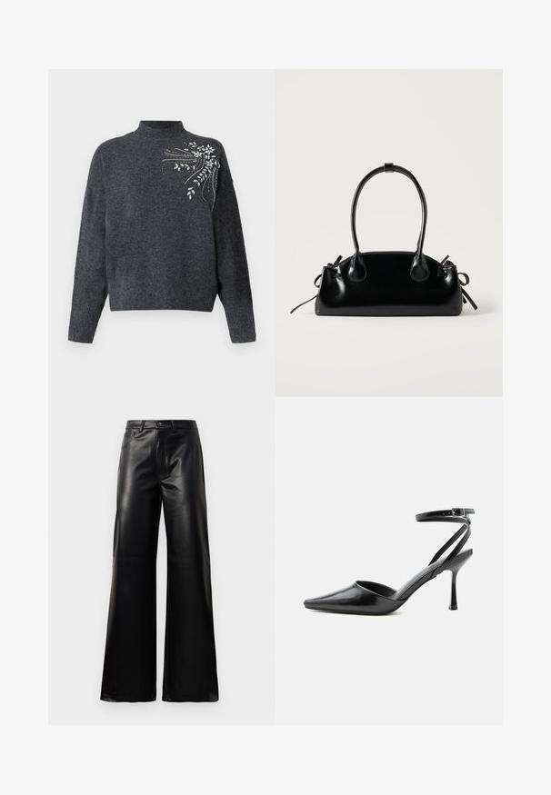 Suéter gris oscuro con cuello alto y mangas largas. Presenta adornos decorativos de cristales en un patrón floral en un lado.; Pantalones de imitación de cuero negros de cintura alta y pierna ancha con botón frontal, cierre de cremallera, pasadores para cinturón y bolsillos laterales sobre fondo blanco.; Zapato de tacón alto negro de punta fina con delgadas correas en el tobillo y cierre de hebilla plateada sobre un fondo liso claro.; Pequeño bolso negro brillante con dos asas largas y detalles de cordón lateral sobre un fondo claro liso.