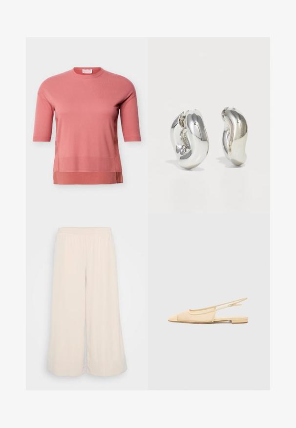 Pink kortærmet strikket top med rund halsudskæring og ribbet kant, der har et lagdelt look med et længere stofpanel nedenunder.; Lys beige brede bukser lavet af blødt, struktureret stof. Elastisk talje med en ren finish ved kanten. Simpelt design uden lommer.; Slingback fladsko i lys beige med en mesh-overdel, spids tå og en lav hæl. Har en justerbar strop for bedre pasform.; Sølvskulpturelle øreringe med glatte, buede former og reflekterende overflader. Har et lukket hoop-design og en markant organisk form.