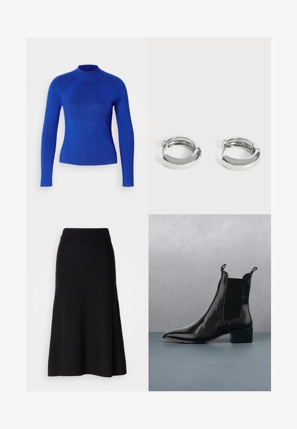 Blå ribbet sweater med høj hals og lange ærmer. Har et tætsiddende design og tekstureret stof for ekstra detaljer.; Sort strikfløjet nederdel med bred talje, midi-længde, glat tekstur og ingen synlige mønstre eller hardware detaljer.; Sort læder Chelsea boot med spids tå, elastiske sidepaneler og en kraftig hæl, hvilende over en overflade med sten- og trædesign.; Par små, skinnende sølv hoops med glatte, afrundede overflader på en ensfarvet hvid baggrund.