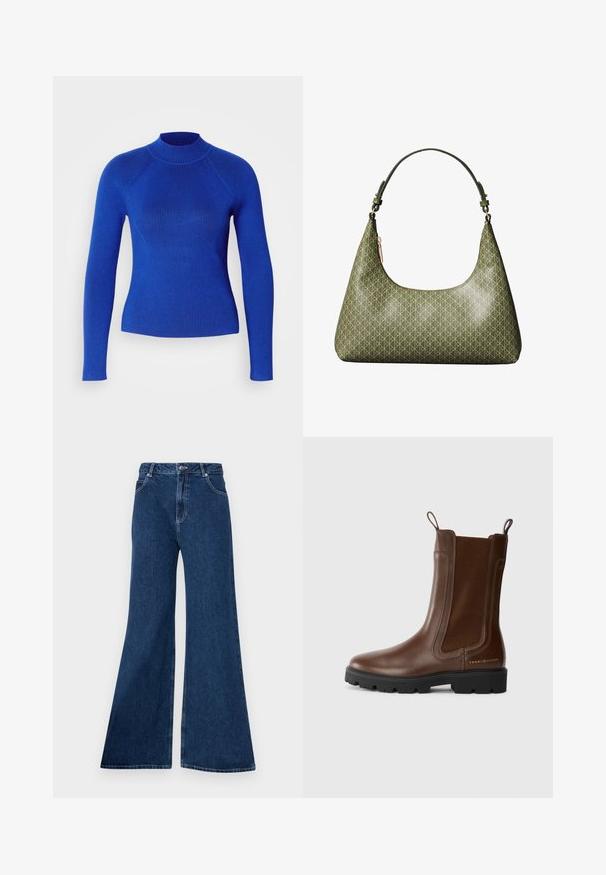 Blå ribbet sweater med høj hals og lange ærmer. Har et tætsiddende design og tekstureret stof for ekstra detaljer.; Bredde jeans lavet af denim, med høj talje, fem-lomme design, kontraststikninger og lynlås med knaplukning.; Brune læder Chelsea-støvle med sort lug-såle, elastiske sidepaneler, trækstropper og lille guld Tommy Hilfiger-logo på hælen.; Olivengrøn skuldertaske med justerbar rem og et gentaget geometrisk mønster af sammenflettede løkker.