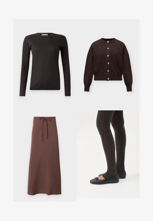 Mørkebrun cardigan med lange ærmer, rund halsudskæring og seks sølvknapper foran, vist på en ensfarvet lys baggrund.; Sort langærmet ribbet T-shirt med rund halsudskæring, lavet af blødt stof, med et enkelt design uden udsmykninger eller mønstre.; Brun ankel-lang nederdel med elastisk talje og justerbar snor, lavet af glat stof.; Ben iført mørke ribbede leggings kombineret med sorte balletsko med små sløjfedetaljer på hvid baggrund.