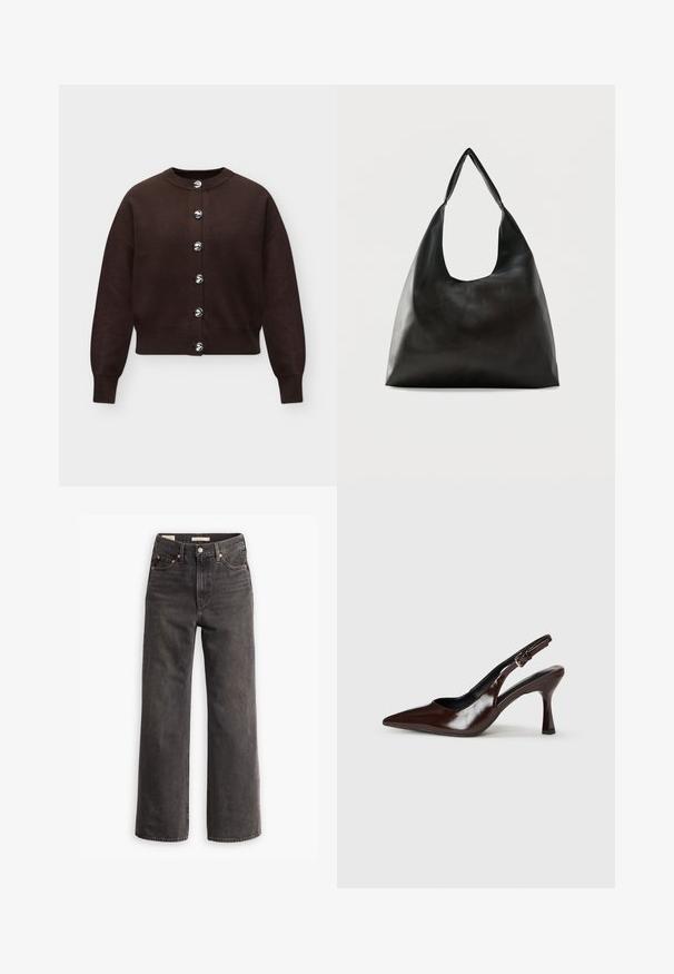 Cárdigan marrón oscuro de manga larga con cuello redondo y seis botones plateados en la parte delantera, presentado sobre un fondo claro y liso.; Jeans de tiro alto y pierna ancha en denim gris oscuro, con bolsillos frontales, remaches de cobre en contraste y un acabado limpio sin adornos.; Zapatos de tacón slingback de charol marrón con punta afilada, tacón delgado y correa ajustable con una pequeña hebilla.; Bolso de hombro de cuero negro liso con una correa ancha y única y un diseño desenfadado y minimalista sobre un fondo sencillo.