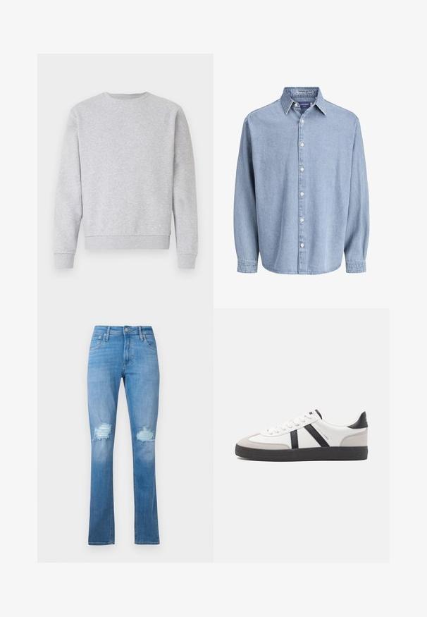 Grauer Sweatshirt aus weichem Stoff, mit Rundhalsausschnitt, langen Ärmeln und gerippten Bündchen und Saum. Einfaches Design ohne Logos oder Muster.; Himmelblaue Jeanshemd mit langen Ärmeln, Kragen und weißen Knöpfen, präsentiert vor einem schlichten weißen Hintergrund.; Helle blaue Denim-Jeans mit geradem Bein, featuring eine aufgerissene Kniepartie mit fransigen Kanten und klassischem Fünf-Taschen-Design.; Weiße Sneaker mit schwarz- und grau-aczenten, ausgestattet mit einer strukturierten grauen Zehenkappe, schwarzer Gummi-Sohle und flachen weißen Schnürsenkeln. Sauberes Design, minimalistische Stil.