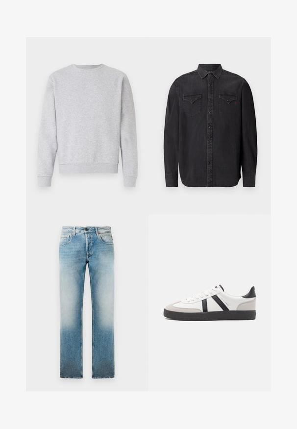 Grå sweatshirt lavet af blødt stof, med rund hals, lange ærmer samt ribbemanchetter og -kant. Simpelt design uden logoer eller mønstre.; Langærmet sort denimskjorte med klassisk krave, trykknaplukninger, to brystlommer og en subtil rød logo-detail.; Lys blå denim jeans med lige ben-design, der har et falmet vask, fem lommer og en knaplukning i taljen.; Hvide sneakers med sorte og grå detaljer, med en tekstureret grå tåhætte, sort gummisål og flade hvide snørebånd. Rent design, minimalistisk stil.