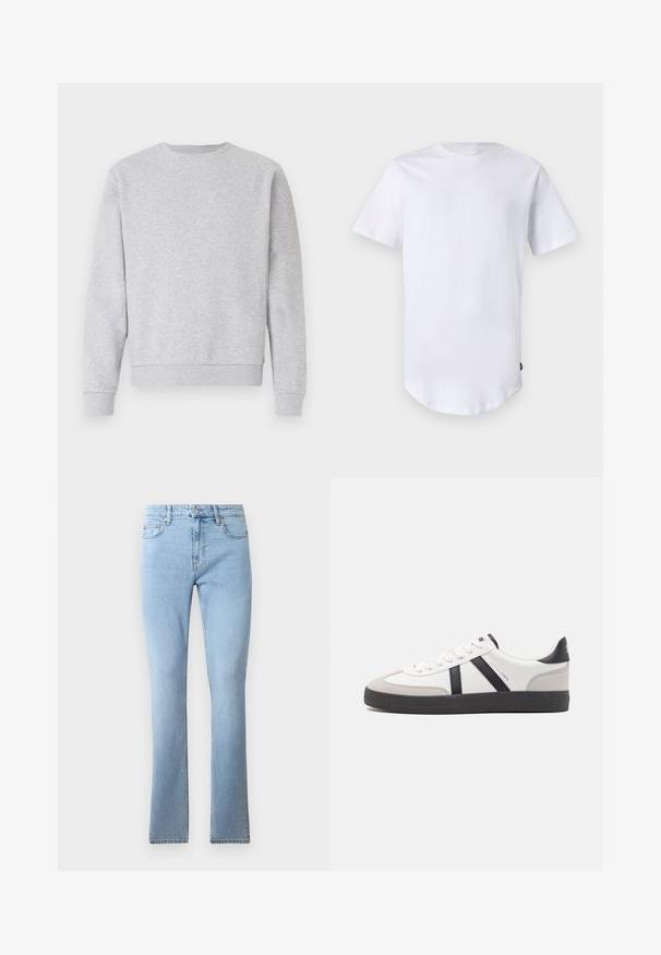 Sweatshirt gris en tissu doux, avec col rond, manches longues et poignets et ourlet côtelés. Design simple sans logos ni motifs.; T-shirt blanc à manches courtes en coton. Design à col rond avec un ourlet arrondi. Étiquette visible sur le côté inférieur gauche. Texture lisse.; Jeans en denim bleu clair évasés avec une taille mi-haute, cinq poches et des coutures contrastées. Texture lisse avec une coupe classique.; Baskets blanches avec des accents noirs et gris, présentant un embout texturé gris, une semelle en caoutchouc noir et des lacets plats blancs. Design épuré, style minimaliste.