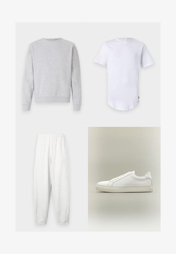 Grauer Sweatshirt aus weichem Stoff, mit Rundhalsausschnitt, langen Ärmeln und gerippten Bündchen und Saum. Einfaches Design ohne Logos oder Muster.; Weißes T-Shirt mit kurzen Ärmeln aus Baumwolle. Rundhalsausschnitt mit abgerundetem Saum. Etikett auf der unteren linken Seite sichtbar. Glatte Textur.; Hellgraue Sweatpants aus weichem Stoff, mit einem elastischen Bund, schmal zulaufenden Beinen und Fußbündchen. Einfaches Design ohne Muster.; Weißer Sneaker mit niedrigem Schaft, vorn mit Schnürung und dicker Sohle, aus der Seitenansicht vor neutralem Hintergrund.