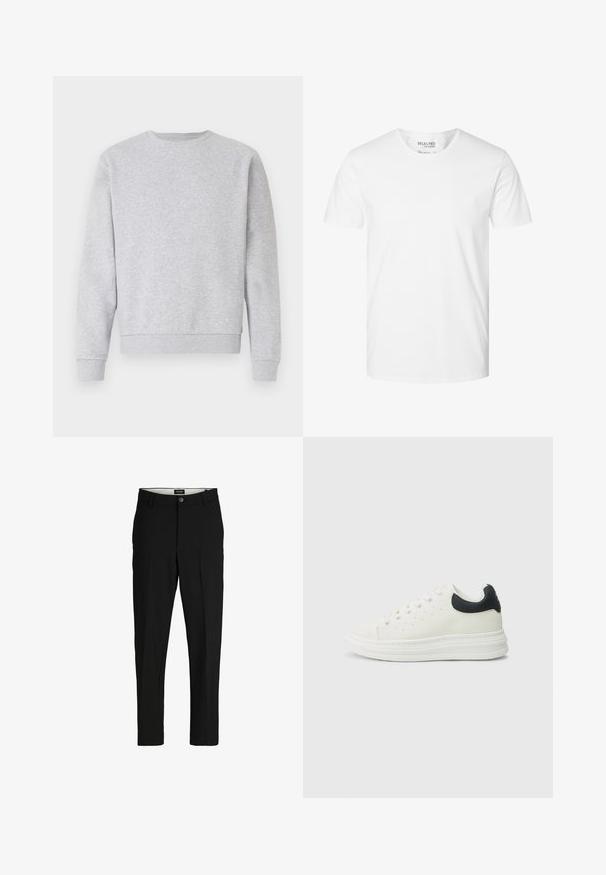 Grijze sweater van zacht materiaal, met een ronde hals, lange mouwen en ribbelboorden bij de mouwen en onderkant. Eenvoudig design zonder logo's of patronen.; Effen wit T-shirt met korte mouwen en ronde hals van biologisch katoen, merk Selected Homme, maat large.; Zwarte broek van gladde stof, met een gestructureerd ontwerp, rechte pijpen, twee zijzakken en een enkele knoopsluiting.; Witte leren sneaker met een zwarte hielaccent, ronde neus, platte witte zool en vetersluiting. Minimale perforaties aan de zijkanten.