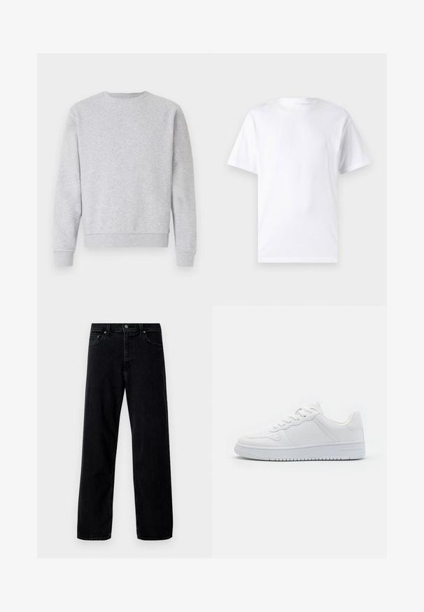 Grijze sweater van zacht materiaal, met een ronde hals, lange mouwen en ribbelboorden bij de mouwen en onderkant. Eenvoudig design zonder logo's of patronen.; Witte T-shirt met korte mouwen, gemaakt van katoen, met een ronde hals. Het heeft een gladde textuur en een eenvoudig ontwerp zonder patronen of accenten.; Hollister Co. Baggy jeans - washed black; Witte sneakers van glad synthetisch materiaal, met platte veters, geperforeerde neus en een rubberen zool met een gestructureerd grippatroon.