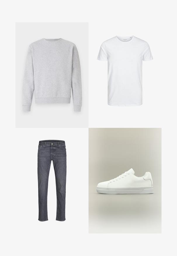 Grå sweatshirt lavet af blødt stof, med rund hals, lange ærmer samt ribbemanchetter og -kant. Simpelt design uden logoer eller mønstre.; Rundhals kortærmet t-shirt i ensfarvet hvid, lavet af blød bomuld, har et simpelt design uden synlige mønstre eller detaljer.; Mørkegrå denimjeans med lige ben, knap- og lynlåslukning, for- og baglommer samt bæltestropper.; Hvid lavtop sneaker med snørelukning foran, polstret krave og tekstureret gummisål, vist i sidelayout på neutral baggrund.