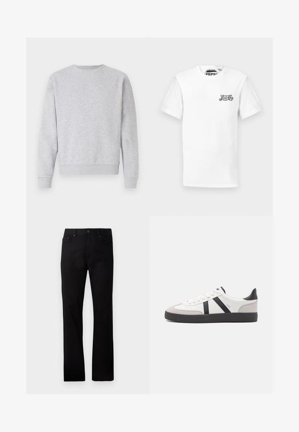 Grå sweatshirt lavet af blødt stof, med rund hals, lange ærmer samt ribbemanchetter og -kant. Simpelt design uden logoer eller mønstre.; Hvid kortærmet T-shirt med rund halsudskæring og lille sort "Pepsi-Cola" logo på venstre bryst samt mærketag i nakken.; Sorte straight-leg jeans lavet af denim, med lukning foran med knap, to sidelommer og en glat overflade.; Hvide sneakers med sorte og grå detaljer, med en tekstureret grå tåhætte, sort gummisål og flade hvide snørebånd. Rent design, minimalistisk stil.
