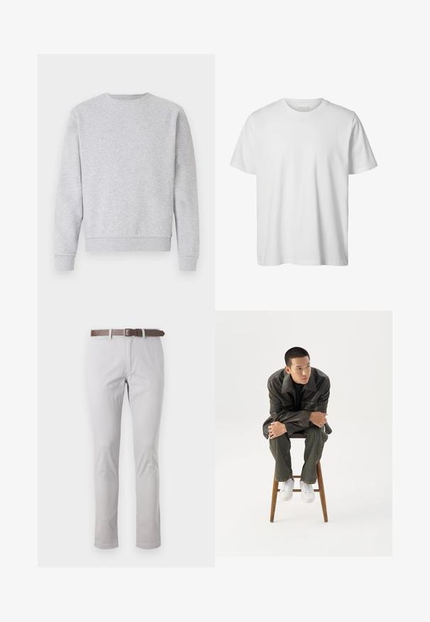 Sudadera gris de tela suave, con cuello redondo, mangas largas y puños y dobladillo acanalados. Diseño simple sin logos ni patrones.; Camiseta blanca lisa de manga corta con cuello redondo, corte holgado y sin logos o diseños visibles en el frente.; Pantalones de algodón de color gris claro con corte ajustado. Presentan un cinturón de cuero marrón y detalles de costura mínimos en los laterales.; Joven con chaqueta de cuero oscura y vaqueros sentado en un taburete de madera, inclinado hacia adelante con los brazos cruzados, mirando hacia un lado contra un fondo blanco.