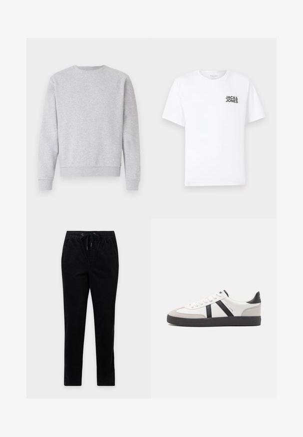 Sweatshirt gris en tissu doux, avec col rond, manches longues et poignets et ourlet côtelés. Design simple sans logos ni motifs.; T-shirt en coton blanc, à manches courtes, col rond. Présente un logo en texte noir "JACK & JONES" sur la poitrine gauche. Design simple et sobre.; Pantalon en velours côtelé noir à jambe droite, taille élastique, cordon de serrage et poches latérales, présenté sur un fond uni.; Baskets blanches avec des accents noirs et gris, présentant un embout texturé gris, une semelle en caoutchouc noir et des lacets plats blancs. Design épuré, style minimaliste.