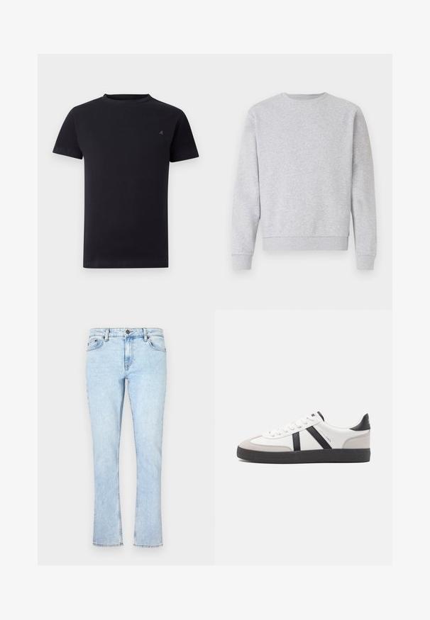 Grijze sweater van zacht materiaal, met een ronde hals, lange mouwen en ribbelboorden bij de mouwen en onderkant. Eenvoudig design zonder logo's of patronen.; Zwarte short-sleeve crew neck t-shirt met klein geborduurd logo op de linkerborst, eenvoudig ontwerp, ontspannen pasvorm.; Lichtblauwe denim jeans met een rechte pijp, voorzien van een knoopsluiting, vijf zakken en subtiele vervaging voor textuur.; Witte sneaker met zwarte en grijze accenten, voorzien van een grijze neus met textuur, zwarte rubberen zool en platte witte veters. Schoon ontwerp, minimalistische stijl.