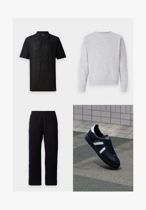 Sudadera gris de tela suave, con cuello redondo, mangas largas y puños y dobladillo acanalados. Diseño simple sin logos ni patrones.; Camiseta polo negra hecha de un tejido de punto texturizado. Presenta mangas cortas, un cuello y una tapeta con tres botones. Diseño ligero, ajuste casual.; Pantalones de chándal negros de algodón, con una cinturilla elástica con cordones, diseño de pierna recta y sin patrones ni acentos visibles.; Zapatilla de cuero negra con rayas blancas, suela de goma texturizada y parte frontal con cordones. Cuenta con una etiqueta de marca en la lengüeta.