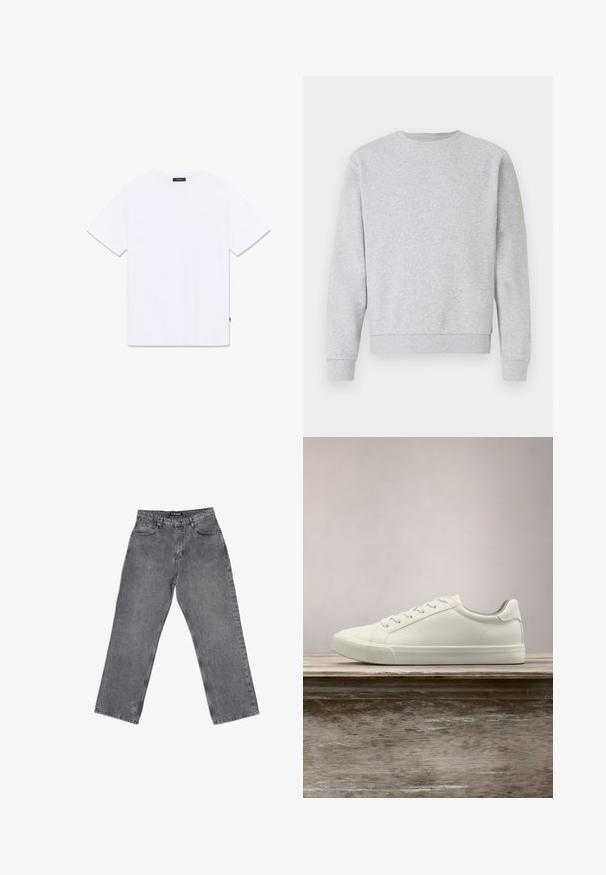 Sudadera gris de tela suave, con cuello redondo, mangas largas y puños y dobladillo acanalados. Diseño simple sin logos ni patrones.; Camiseta blanca de manga corta con cuello redondo, mostrada plana desde atrás, con una pequeña etiqueta negra en el cuello y la costura lateral.; Vaqueros de denim grises de tiro alto y pernera recta con bolsillos delanteros, trabillas para cinturón, cierre de botón y costuras visibles sobre fondo blanco.; Zapatilla blanca con cordones flotando sobre un banco de madera con follaje verde al fondo, mostrando el diseño y la textura del zapato.