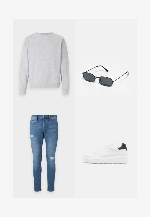 Grauer Sweatshirt aus weichem Stoff, mit Rundhalsausschnitt, langen Ärmeln und gerippten Bündchen und Saum. Einfaches Design ohne Logos oder Muster.; Verblasste blaue Jeans im Slim-Fit, mit zerstörten Stellen an den Knien, einem Knopfverschluss und einem Fünf-Taschen-Design.; Weiße Leder-Sneaker mit schwarzem Fersenbereich, flachen Schnürsenkeln, strukturiertem Zwischensohlenteil und Branding auf der Außenseite. Entworfen für den Casual-Look.; Schwarzmetallrahmen-Sonnenbrille mit rechteckigen, dunklen Gläsern, dünnen Bügeln und verstellbaren Nasenpads. Leichtes Design mit minimalen Materialien.