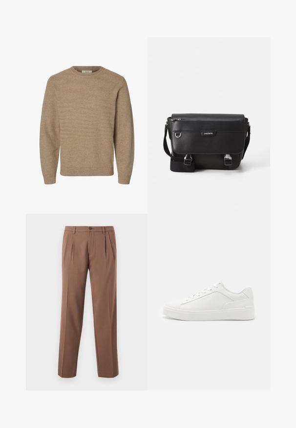 Pull en maille beige à manches longues avec col rond et poignets et ourlet côtelés, présenté sur fond blanc.; Pantalons plissés marron avec une coupe droite, dotés d'une fermeture à un bouton et d'un tissu lisse et texturé.; Baskets basses blanches en cuir lisse, avec un bout arrondi, des semelles plates et un logo discret sur le côté.; Sac messager Lacoste noir texturé avec bandoulière ajustable, rabat avant, poche zippée et fermetures à boucle en métal.