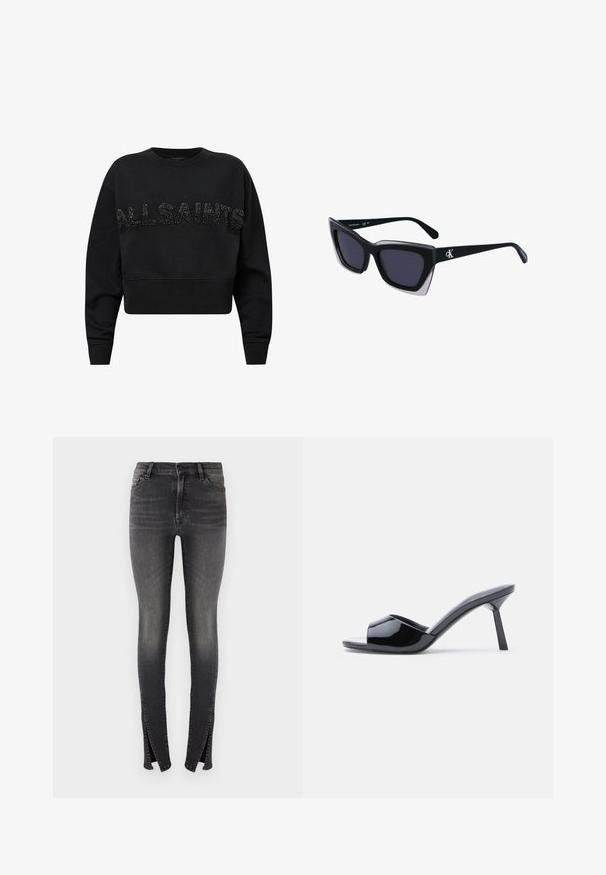 Sort cropped sweatshirt lavet af blødt stof, med "ALLSAINTS" i teksturerede sorte accenter på forsiden. Rund hals og lange ærmer.; Slanke jeans i mørk grå denim, med høj talje, frontlommer og unikke slidser ved anklerne for et moderne design.; Sorte laklæder sandaletter med åben tå, der har et buet overdesign og en spids stilethæl. Glat, blank finish.; Store sorte oversized solbriller med geometrisk form, med mørke linser og en kontrasterende grå detalje på stellet. Logo på armen.