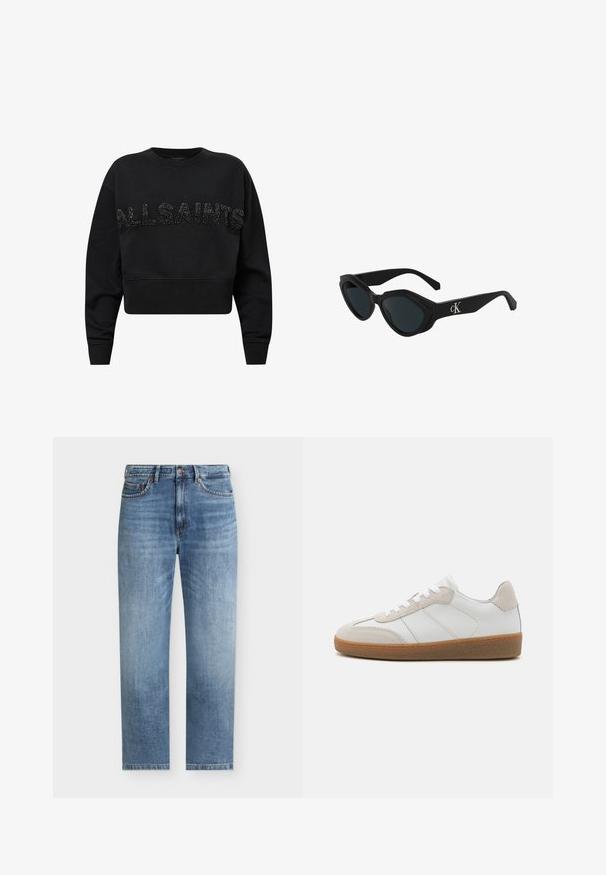 Zwarte cropped sweatshirt van zacht materiaal, met "ALLSAINTS" in textuur zwart accenten op de voorkant. Ronde hals en lange mouwen.; Lichtblauwe recht gesneden spijkerbroek met vijf zakken, knoopsluiting en subtiele vervaagde details aan de voorkant van de dijen.; Witte leren sneakers met beige suède accenten, een gestructureerde tong en een rubberen zool. Voorzien van witte veters en subtiele gestikte details.; Zwarte cat-eye zonnebril met een glanzende afwerking, donkere lenzen en een "cK" logo op de poot. Hoekig ontwerp en dikke monturen.