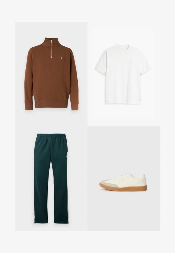 Suéter marrón con cuello alto y media cremallera. Hecho de tela suave, con puños acanalados y un pequeño logo en el pecho.; Camiseta de algodón blanca con mangas cortas, cuello redondo y un sutil logo "Levi's" impreso en color claro en la parte frontal.; Pantalones deportivos verde oscuro con cintura elástica y rayas blancas que recorren los lados externos de las piernas.; Zapatilla de cuero blanca con puntera beige y suela de goma marrón claro. Presenta cordones planos blancos y una marca en relieve en el lateral.