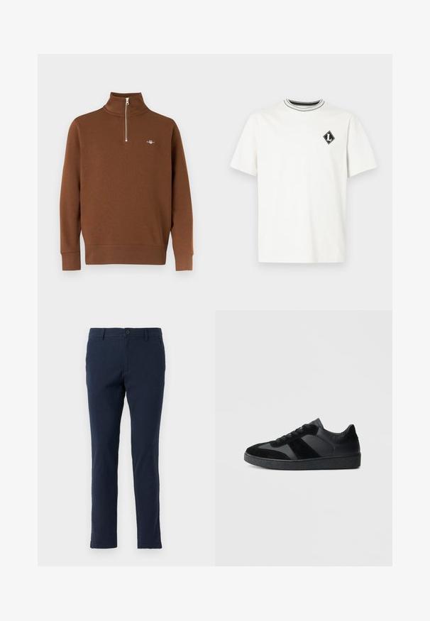 Brun pullover sweater med høj krave og halv lynlås. Fremstillet af blødt stof med ribbede ærmegab og et lille logo på brystet.; Hvid bomulds T-shirt med korte ærmer, med en sort-hvid stribet rundhals og et lille sort diamantlogo på brystet.; Marineblå bomulds-chinoer med slim fit, der har knap- og lynlås-lukning, bæltestropper og for- samt baglommer. Glat tekstur.; Sorte sneakers med en kombination af glat læder og ruskind, med en tekstureret sort gummisål og subtil stripingdetalje.