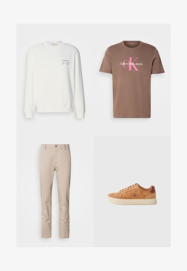Sudadera blanca de algodón con mangas largas, cuello redondo y detalles de logo impreso en el pecho, con puños y dobladillo de canalé.; Camiseta de algodón marrón con mangas cortas, que presenta un logo gráfico en rosa y blanco "Calvin Klein Jeans" en una fuente destacada en el frontal.; Chinos de algodón beige con corte recto, trabillas para cinturón, un solo botón frontal y una superficie lisa, sin texturizar. No se ven bolsillos.; Zapatilla de ante color canela con suela de goma beige, con acentos marrones y un pequeño logo azul en el costado. Diseño clásico con cordones.