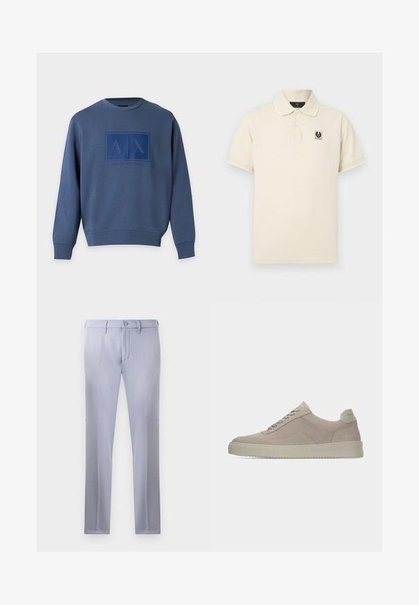 Modrá mikina s dlhým rukávom a okrúhlym výstrihom s reliéfnym logom Armani Exchange a písmenami A a X umiestnenými v strede hrudníka.; Krémovo sfarbené polokošeľa z bavlny, vybavená zapínaním na tri gombíky a malou logo náplasťou na ľavej strane hrudníka. Krátke rukávy.; Svetlošedé nohavice na mieru vyrobené z hladkej tkaniny, so zapínaním na gombík, pútkami na opasok a strihom s rovnými nohavicami. Žiadne viditeľné vrecká.; Béžové semišové tenisky s textúrovaným povrchom, zaoblenou špičkou a farebne zladenými šnúrkami. Majú hrubú gumovú podrážku a nenápadné značenie na päte.