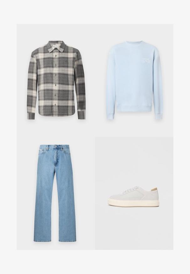 Sweatshirt bleu clair avec un col rond, des poignets et un ourlet côtelés. Présente un texte blanc sur la poitrine, indiquant la marque et les détails de l'adresse.; Chemise à manches longues à carreaux noir et crème. Dotée d'un devant à boutons, d'un col classique et d'un motif à carreaux varié. Texture de tissu douce.; Jean en denim bleu clair coupe droite à cinq poches avec fermeture à boutons à la taille, présenté sur un fond uni.; Baskets gris clair avec une tige synthétique lisse, un bout rond et une semelle intermédiaire texturée couleur crème. Accents beige clair au niveau du talon.