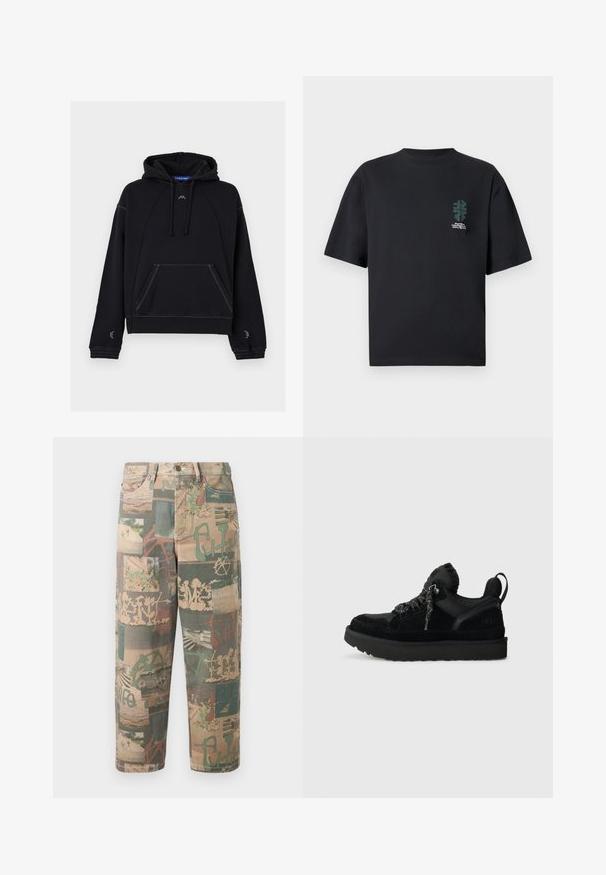 Sweat à capuche noir type pullover avec poche kangourou à l'avant, capuche à cordon, poignets et ourlet côtelés, et petit logo blanc ACW sur la poitrine et les manches.; T-shirt noir à manches courtes avec un petit motif abstrait de feuille verte et un texte blanc sur le côté gauche de la poitrine.; Pantalon décontracté à jambe droite avec un imprimé mélangeant nature, graffiti et abstrait dans des tons verts sourds, beige et marron sur un fond clair.; Basket noire en mélange de daim et de tissu lisse, avec des lacets ronds, un col matelassé et une semelle en caoutchouc noir texturé.