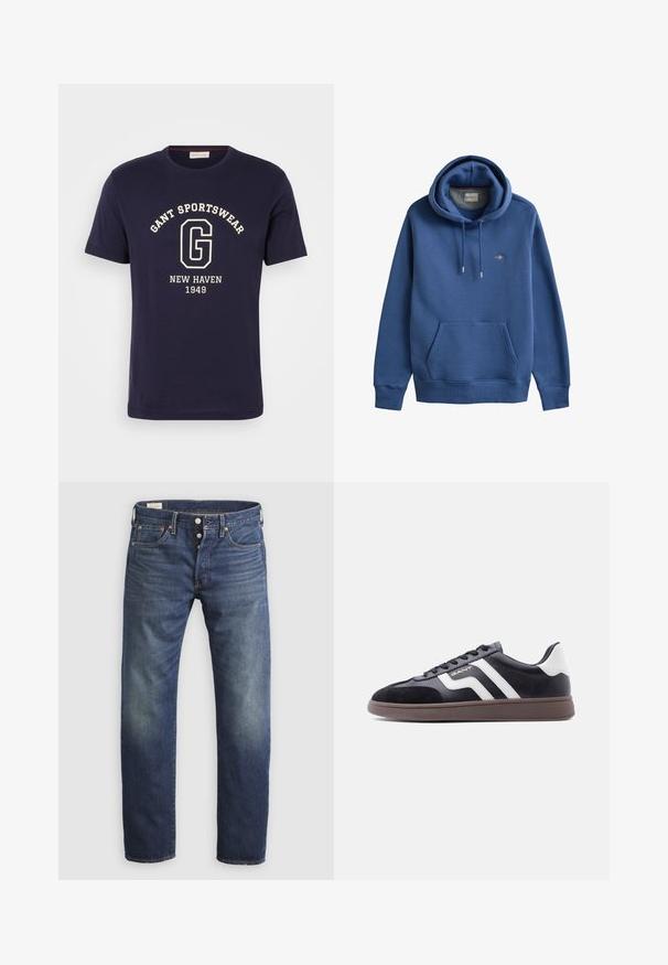 Blauer Pullover-Hoodie mit Kängurutasche vorne, Kapuzenzug und kleinem gesticktem Logo auf der linken Brust.; Navy Baumwoll-T-Shirt mit einem weißen Grafikdruck, auf dem "GANT SPORTSWEAR", "NEW HAVEN" und "1949" steht. Rundhalsausschnitt und kurze Ärmel.; Dunkelblaue Denim-Jeans mit geradem Bein, ausgestattet mit Knopfleiste, oranger Naht und verblassten Akzenten an Oberschenkeln und Knien.; Schwarze Sneaker aus Velours- und synthetischem Material mit weißen diagonalen Streifen und brauner, strukturierter Sohle. Verfügt über ein Schnürdesign und gepolsterten Kragen.